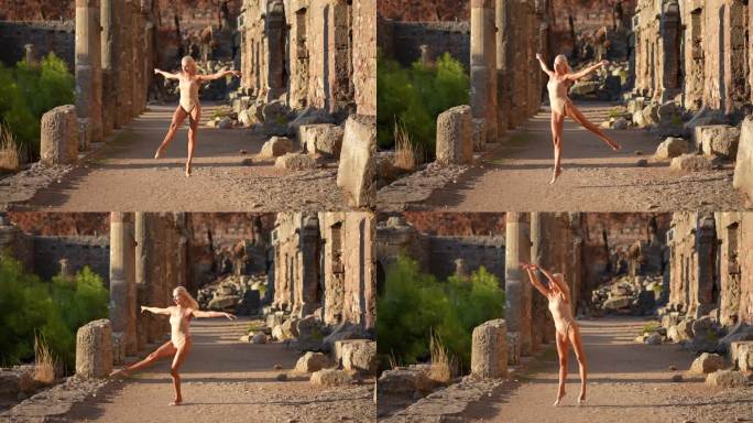 慢动作美丽的芭蕾舞演员在古城里跳跃和跳舞。