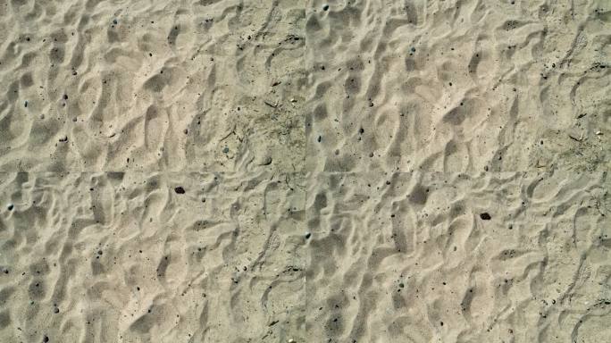 沙滩上的沙子带有鹅卵石、贝壳、细枝和其他碎屑。可见的香烟残留物和足迹。完美的背景。版本3。