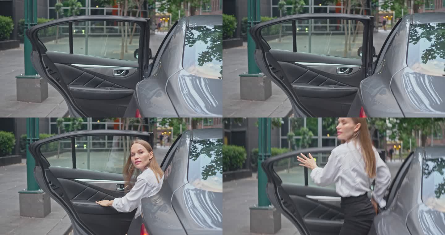 墨尔本市中心女商人离开出租车的实时视频