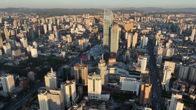 昆明五华区城市建筑群日落航拍