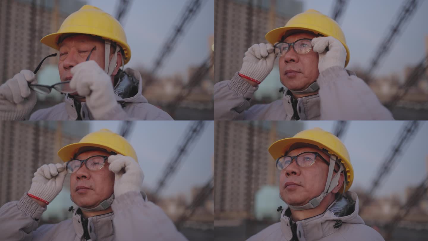 这位亚洲高级工程师用手拿着眼镜，晚上在发电站工作