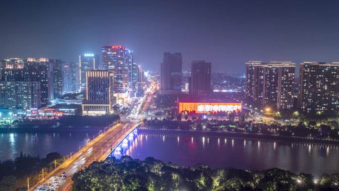 义乌稠江城市夜景航拍延时摄影