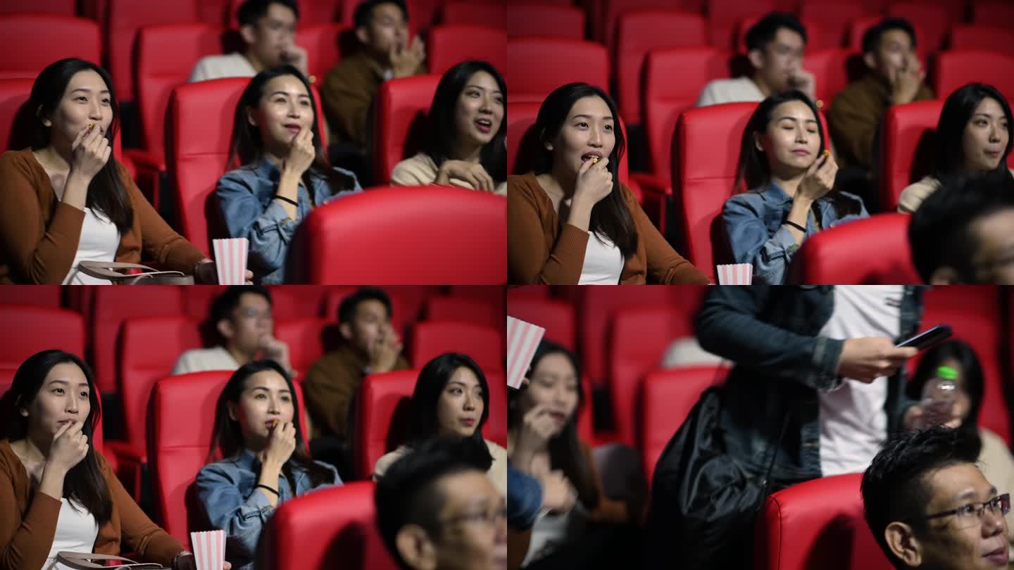 在电影放映期间，一对亚裔中国夫妇晚进电影院，试图穿过其他观众到达座位