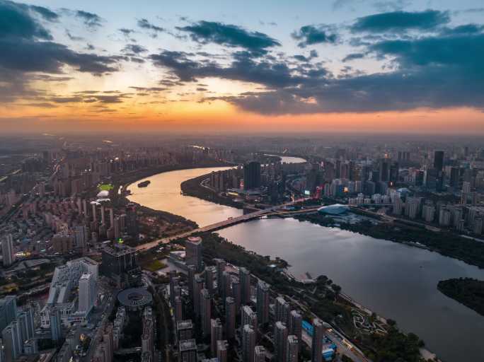 沈阳浑河城市青年大街晚霞全景航拍延时