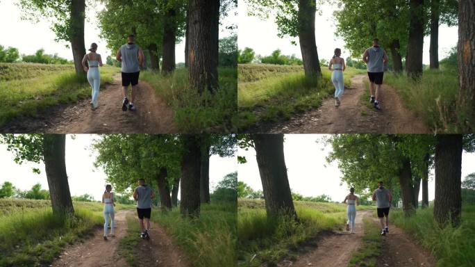 年轻的成年夫妇在森林里跑步