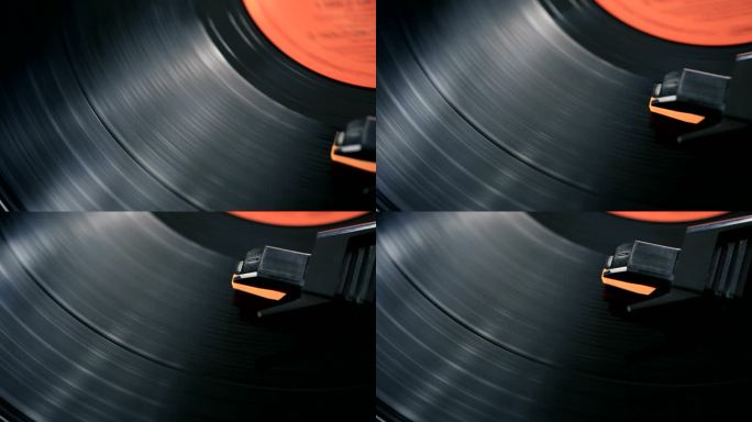 唱片机播放旋转乙烯基唱片的多利镜头