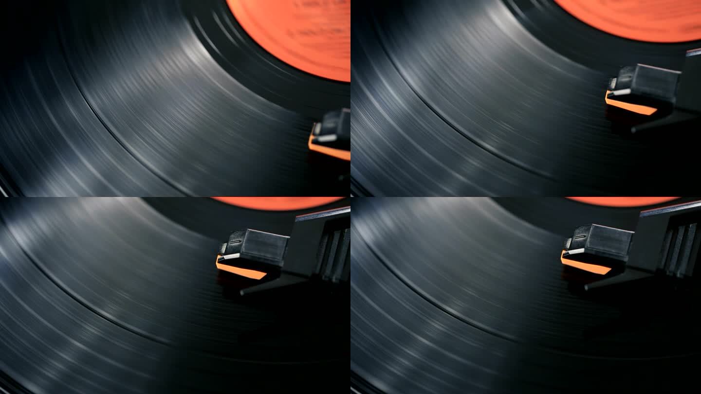 唱片机播放旋转乙烯基唱片的多利镜头
