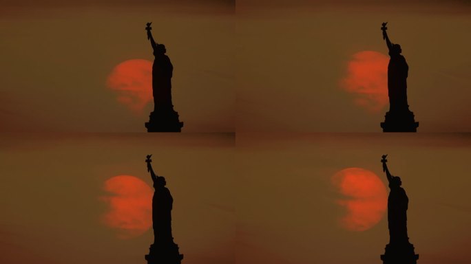 日出中的美国自由女神像