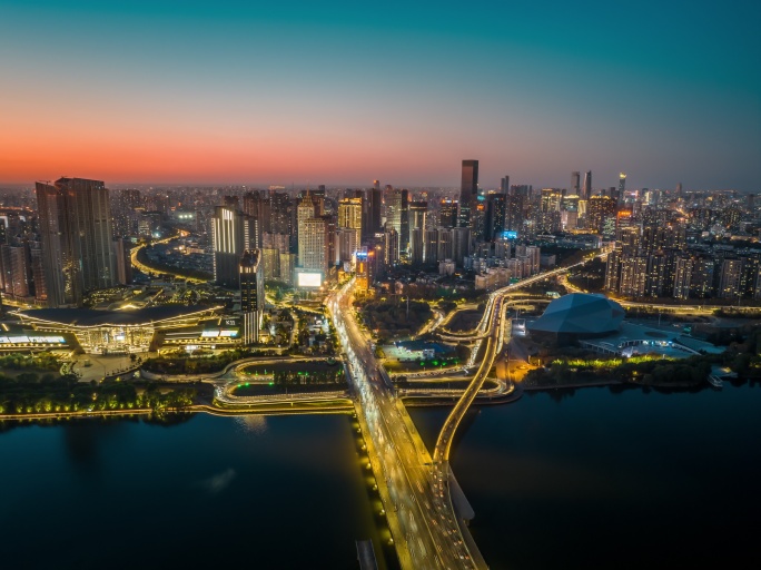 沈阳城市夜景青年大街晚霞航拍延时