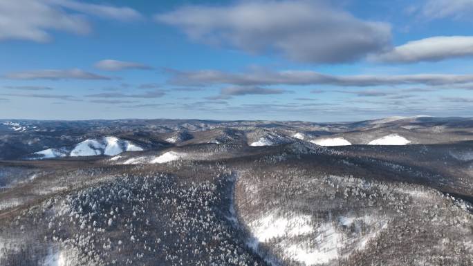 航拍大兴安岭冬季雪色山林