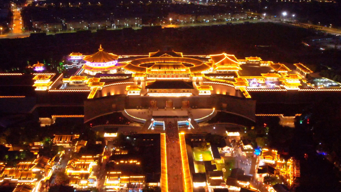 航拍襄阳唐城夜景，中国唐城景区夜景素材