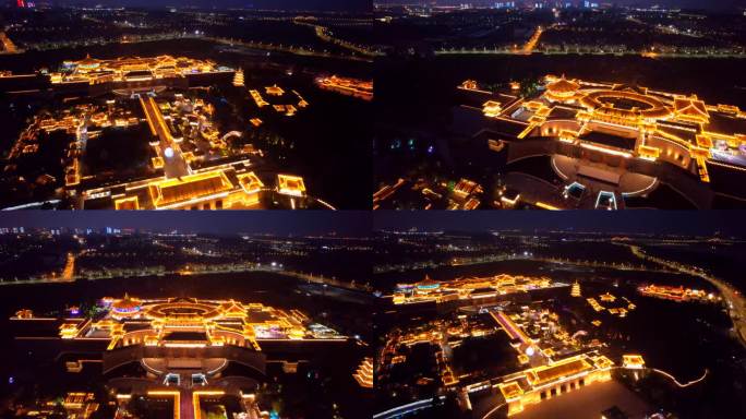 航拍襄阳唐城夜景，中国唐城景区夜景素材