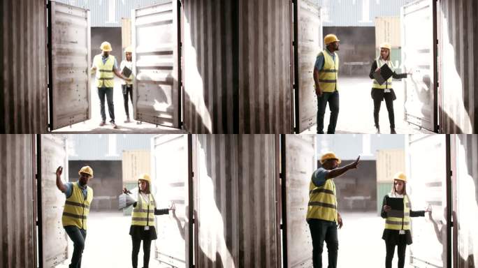 两名同事在工作时打开仓库中的存储容器的4k视频片段