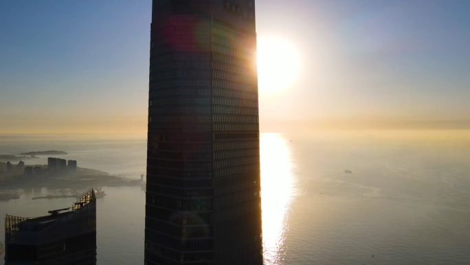 青岛城市清晨日出最高建筑航拍视频