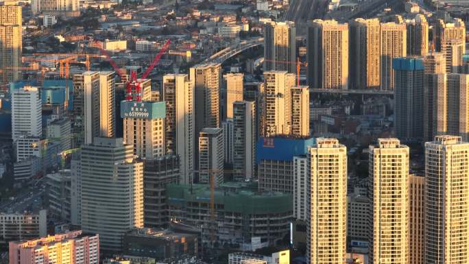 昆明城市建筑群日落航拍