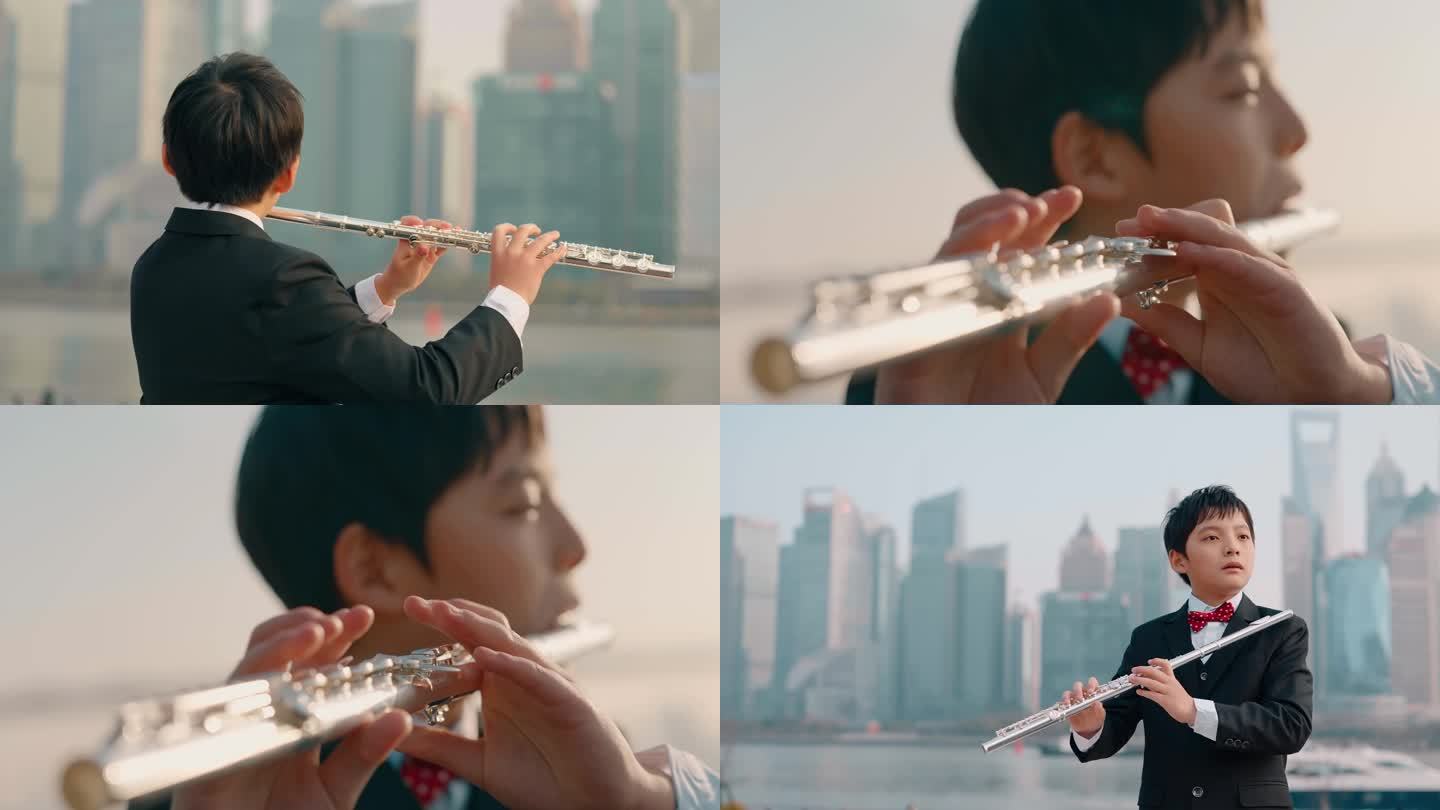 男孩吹长笛演奏 宣传片意向镜头