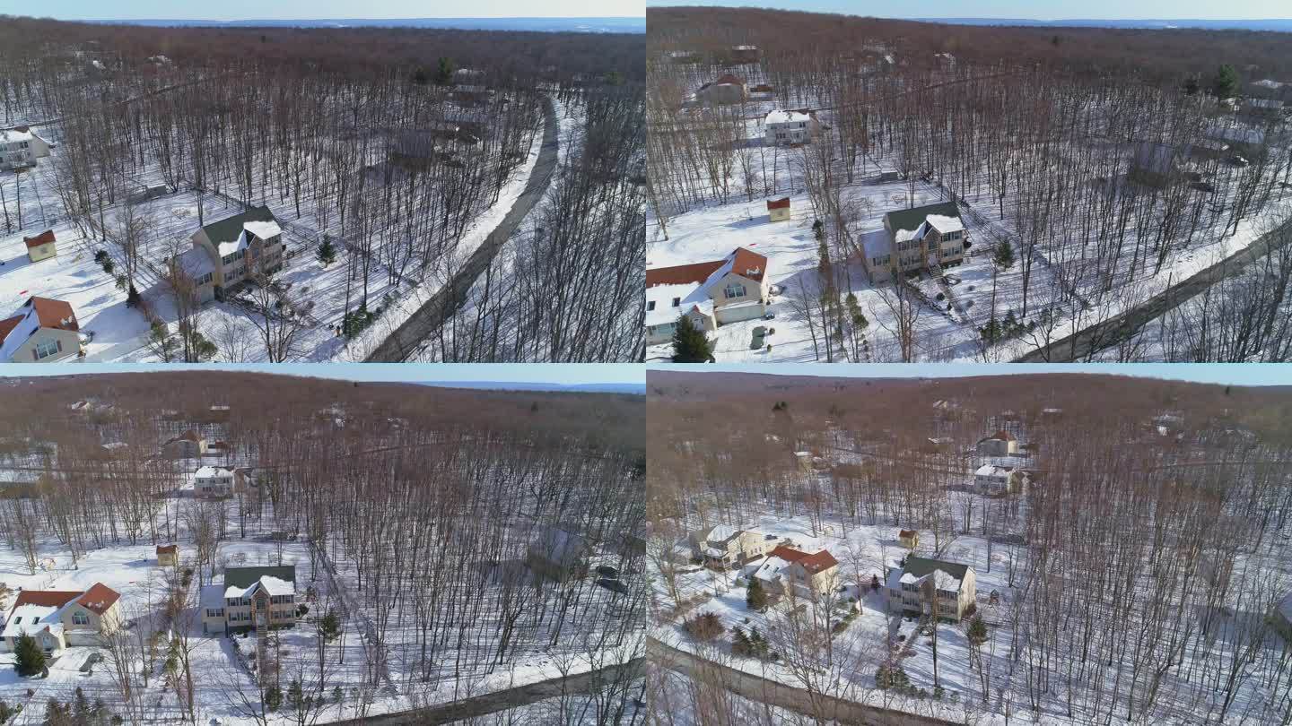 宾夕法尼亚州阿巴拉契亚州波科诺山脉的一个农村社区。鸟瞰寒冷晴朗的冬日。