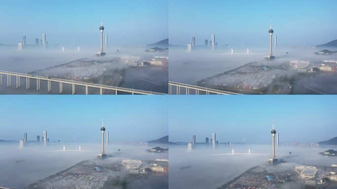 4K实时：澳门塔和城市景观​​早晨的云