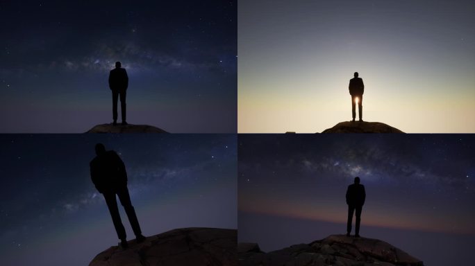 星空下高端商务男人站在山顶仰望银河日出