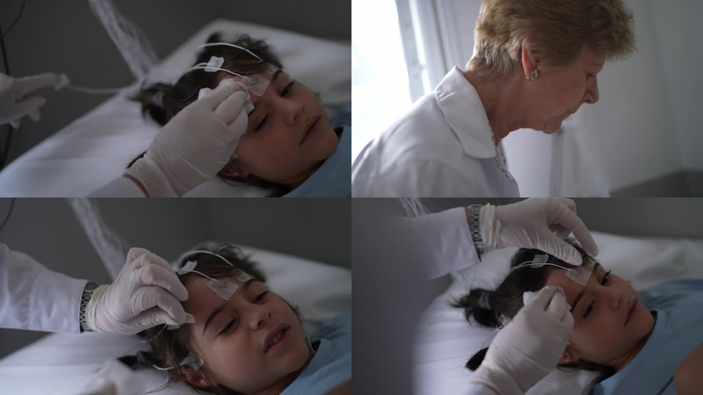 医生在多导睡眠图（睡眠研究）后移除儿童头部电极