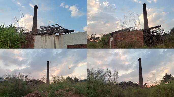 郊外景象荒凉的厂房废旧工厂倒闭的工厂烟囱