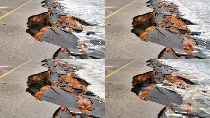 道路被海浪摧毁了沥青路面。