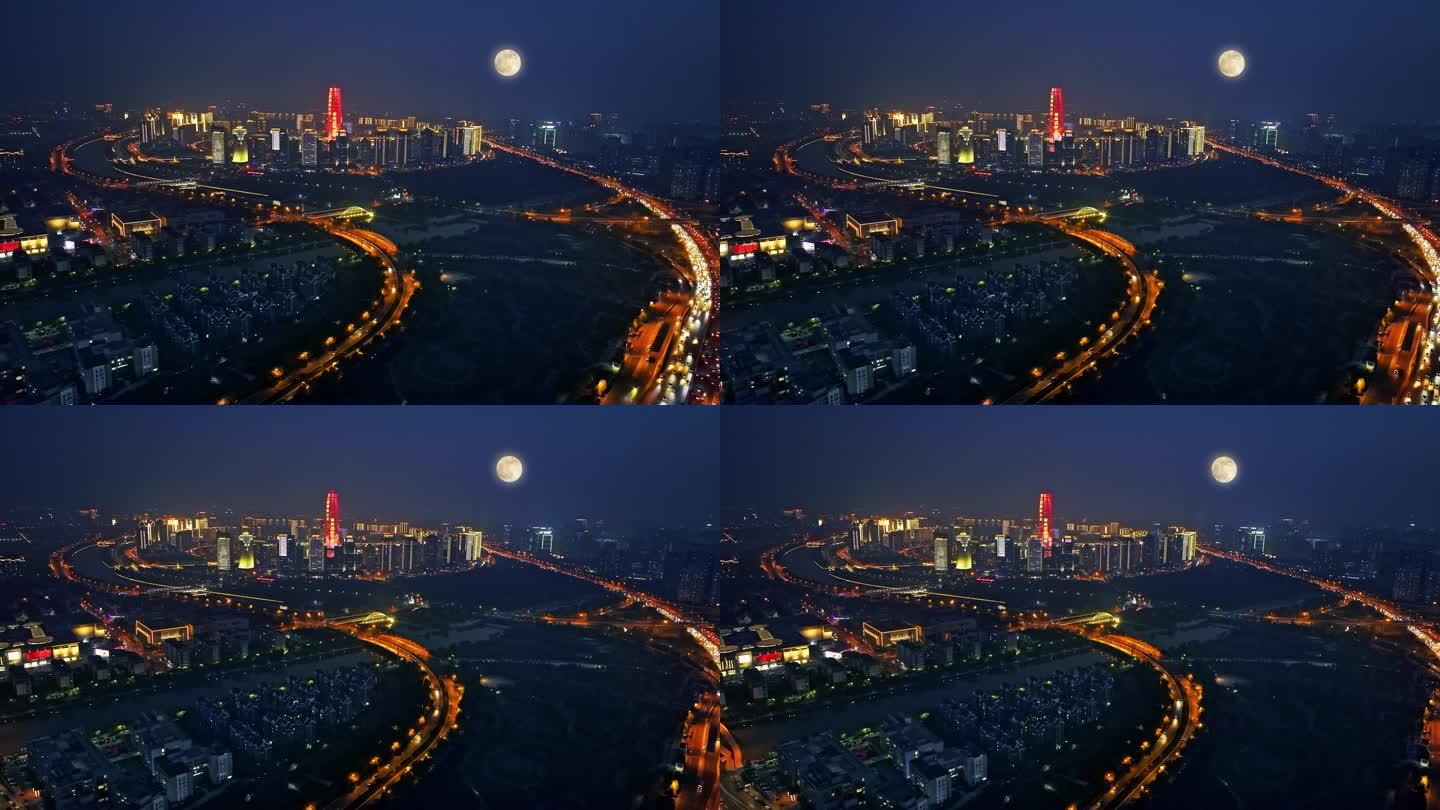 郑州郑东新区夜景圆月航拍