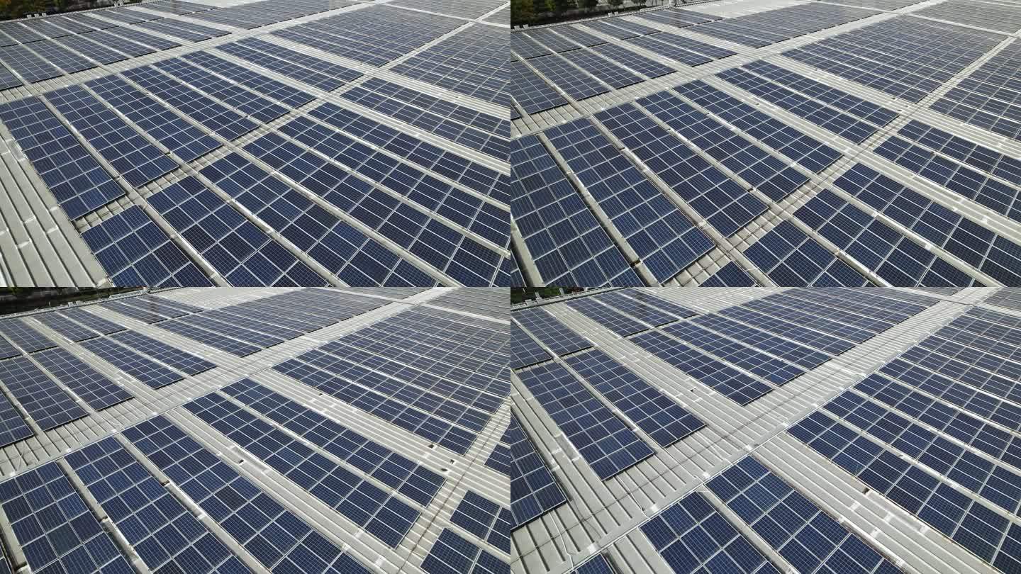 航拍上海厂房楼顶太阳能板