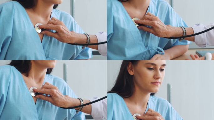 医生用听诊器检查病人的心跳。