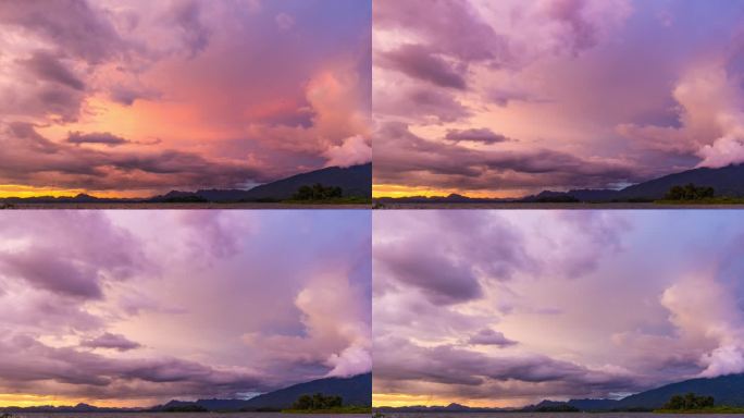 日落时分湖上多彩的戏剧天空，Timelaspe视频