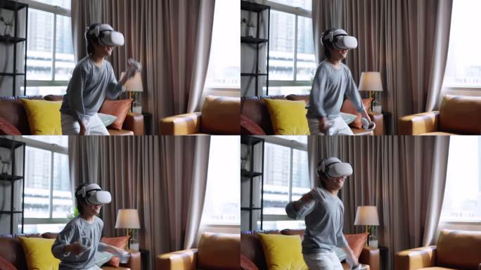 在隔离期，亚洲男孩戴着VR或虚拟现实眼镜，戴着耳机站在家里的客厅电视机前玩视频游戏。技术和创新