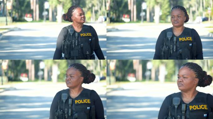 非洲裔美国女警在社区里行走