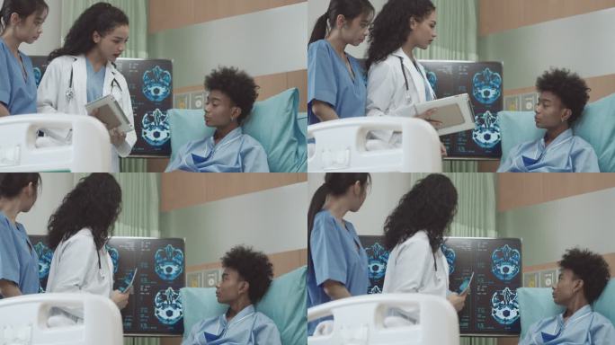 医生和护士与躺在病床上的病人交谈。