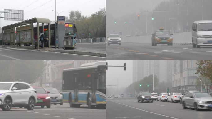 城市雾霾汽车尾气类街道行人戴口罩节能减排