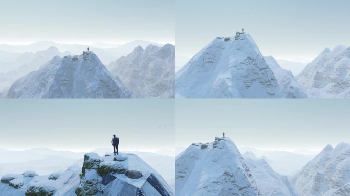 站在群山雪山巅峰的男人