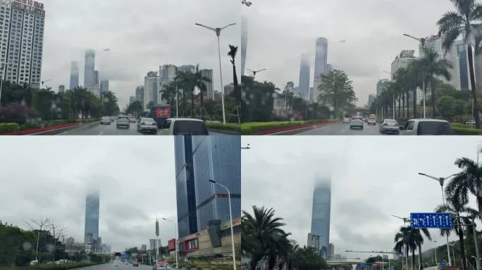 驾车视觉行驶在雨后大雾低云的城市道路