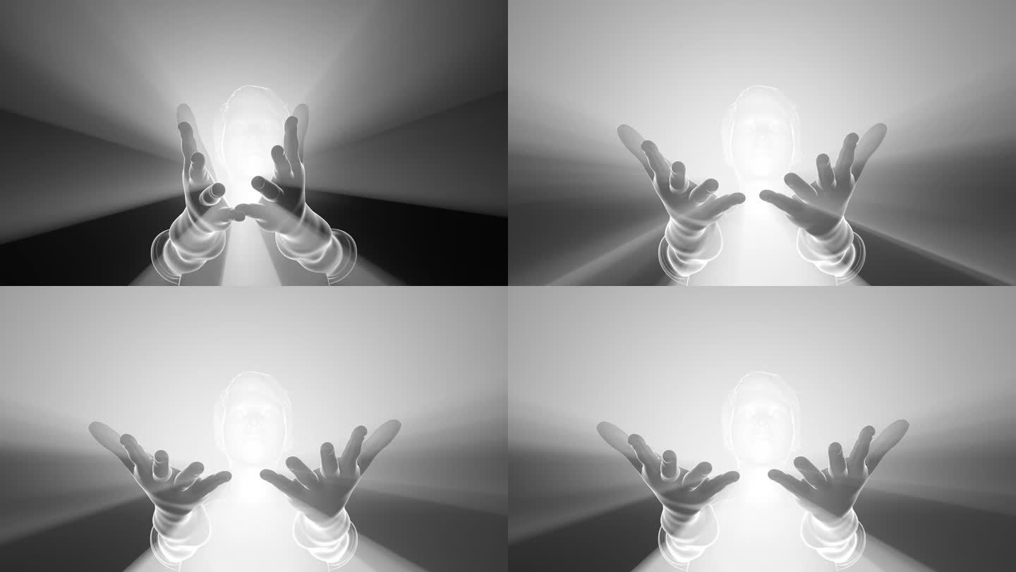 双手上放射的白色光线抽象概念