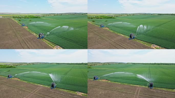 智能农业。麦田远程控制灌溉设备。