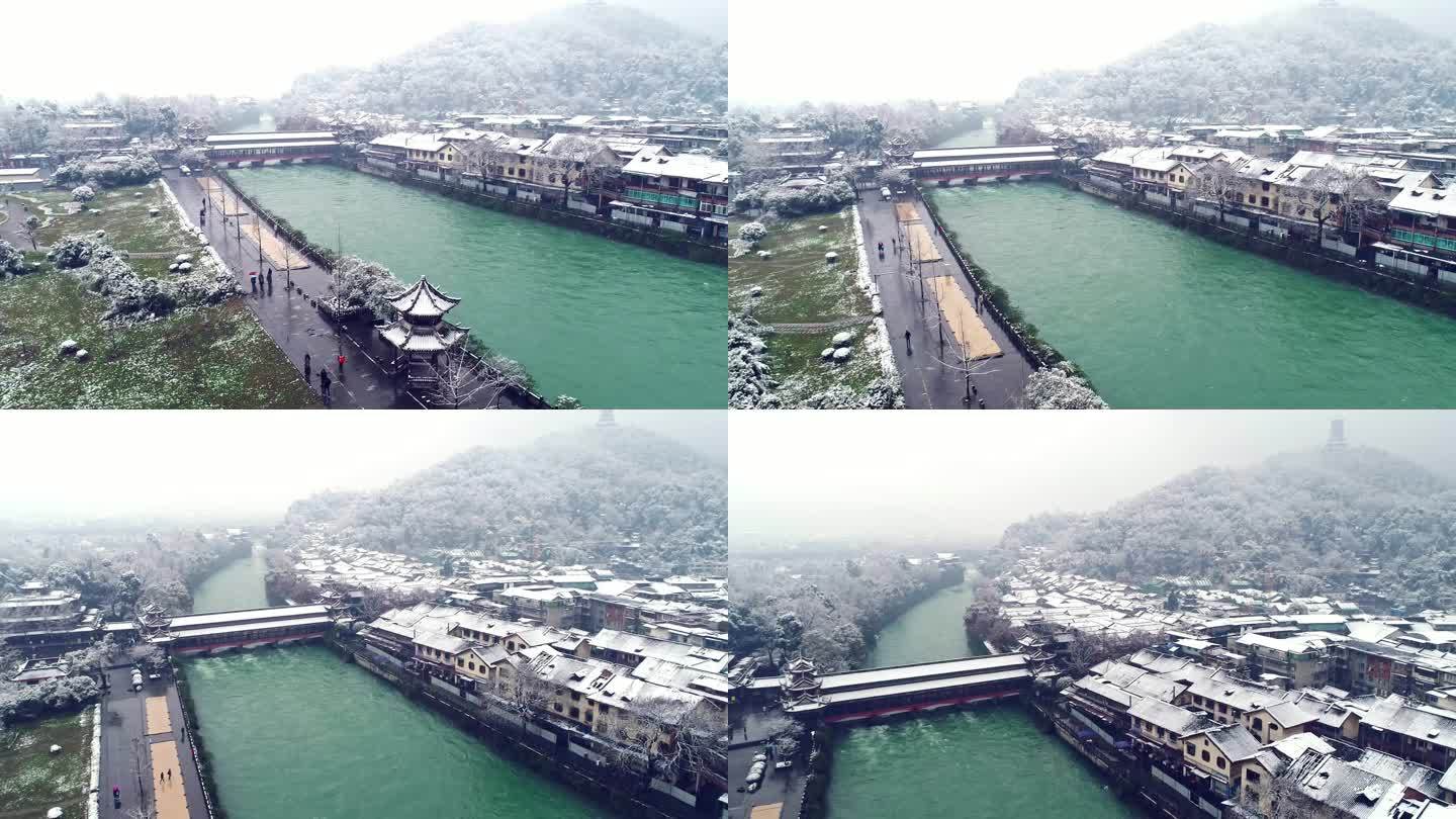 成都都江堰水利工程景区南桥雪景航拍