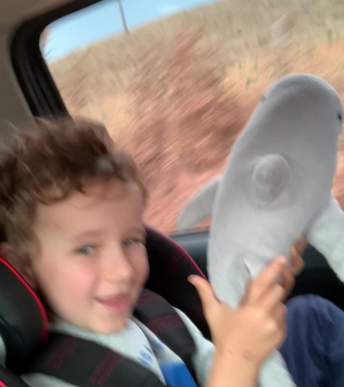 可爱的男孩微笑着唱歌，坐在汽车安全椅上，手里拿着鲨鱼玩具
