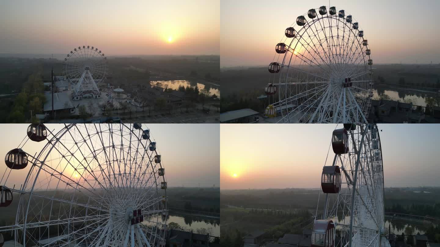 夕阳景区摩天轮秦风欢乐谷游乐场玩乐航拍3