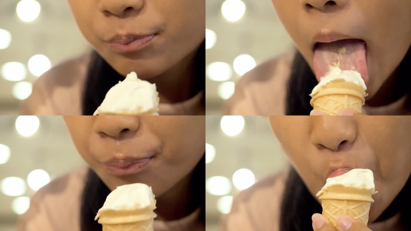 女孩舔香草冰淇淋筒与背景。