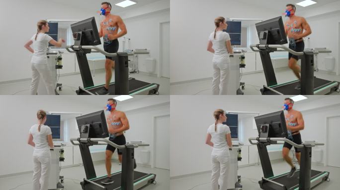 一名男子在诊所的跑步机上做心肺压力测试