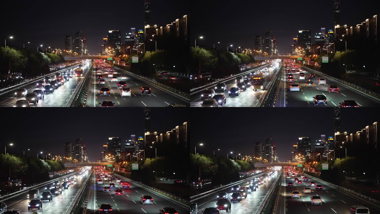 北京国贸CBD四惠桥夜景车流晚高峰