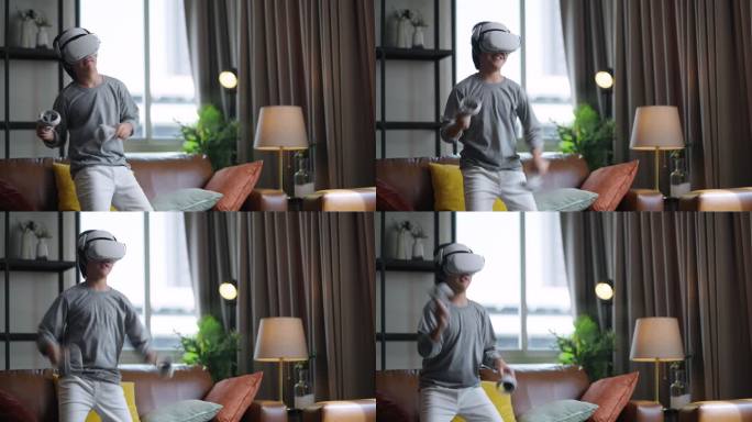 在隔离期，亚洲男孩戴着VR或虚拟现实眼镜，戴着耳机站在家里的客厅电视机前玩视频游戏。技术和创新