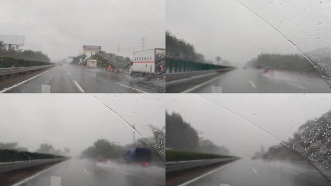 暴雨中驾车行驶在高速公路上