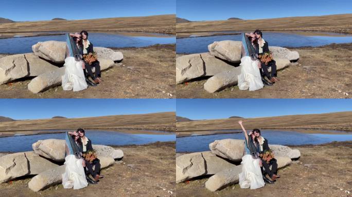 高原枯黄草原湖泊拍写真婚纱1