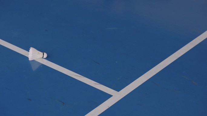 羽毛球从另一边传来，在羽毛球场上以慢动作落下并在蓝色地板上弹跳。