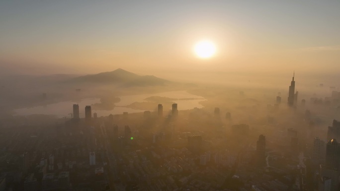 航拍日出平流雾下的南京城市风光