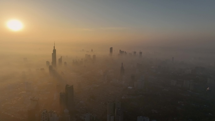 航拍日出平流雾下的南京城市风光